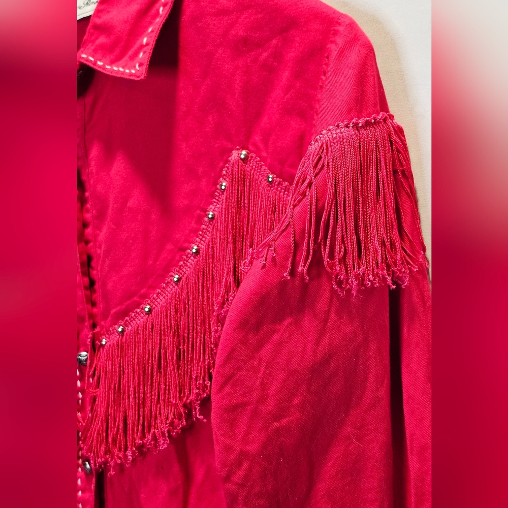 Adobe Rose Vintage 100% Cotton Red Tassled Button Front Top - Picture 2 of 11